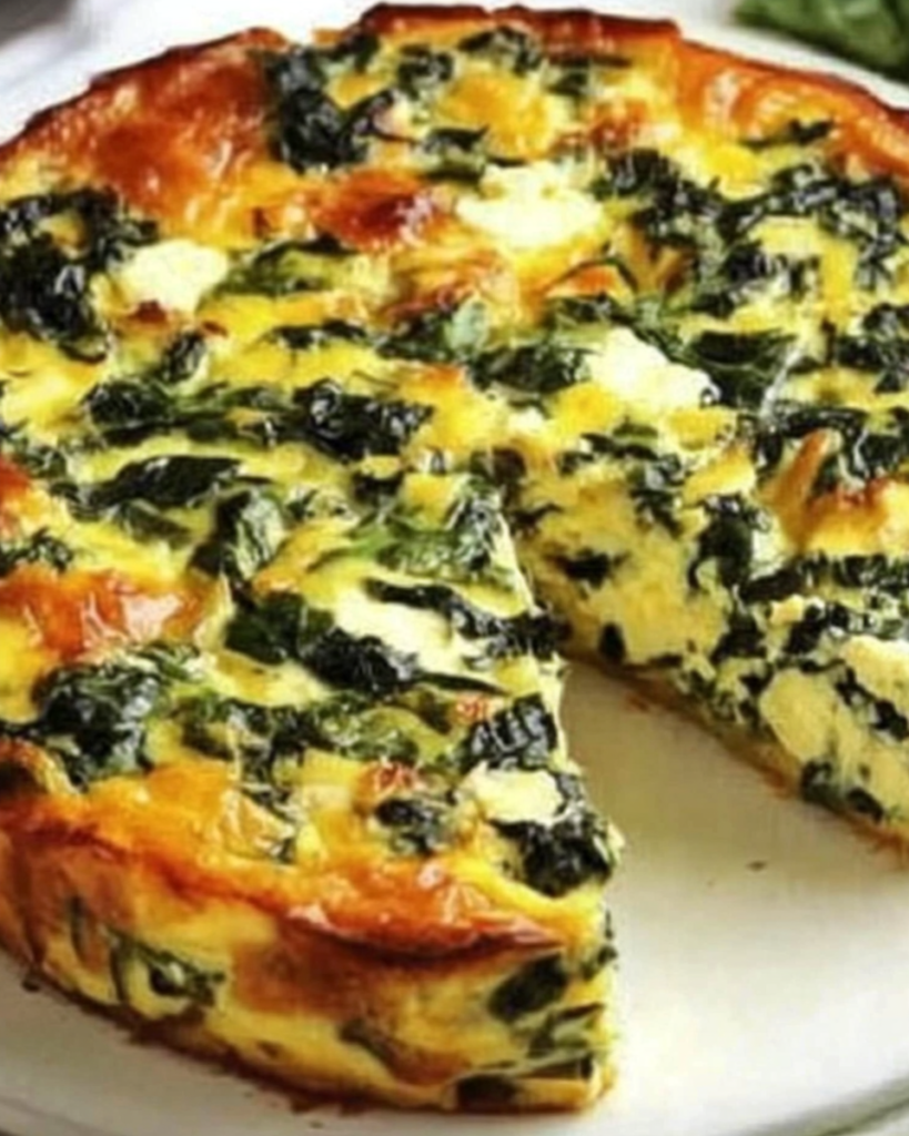 cottage cheese & spinach crustless quiche slice served hot