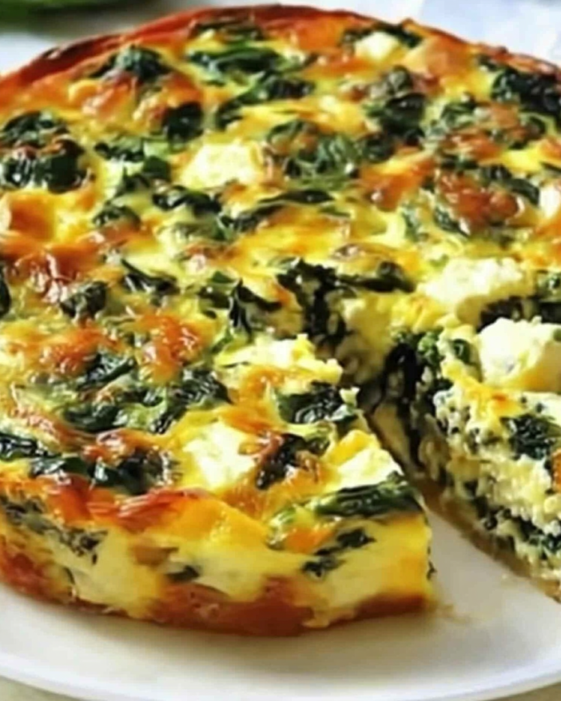 cottage cheese & spinach crustless quiche slice served hot