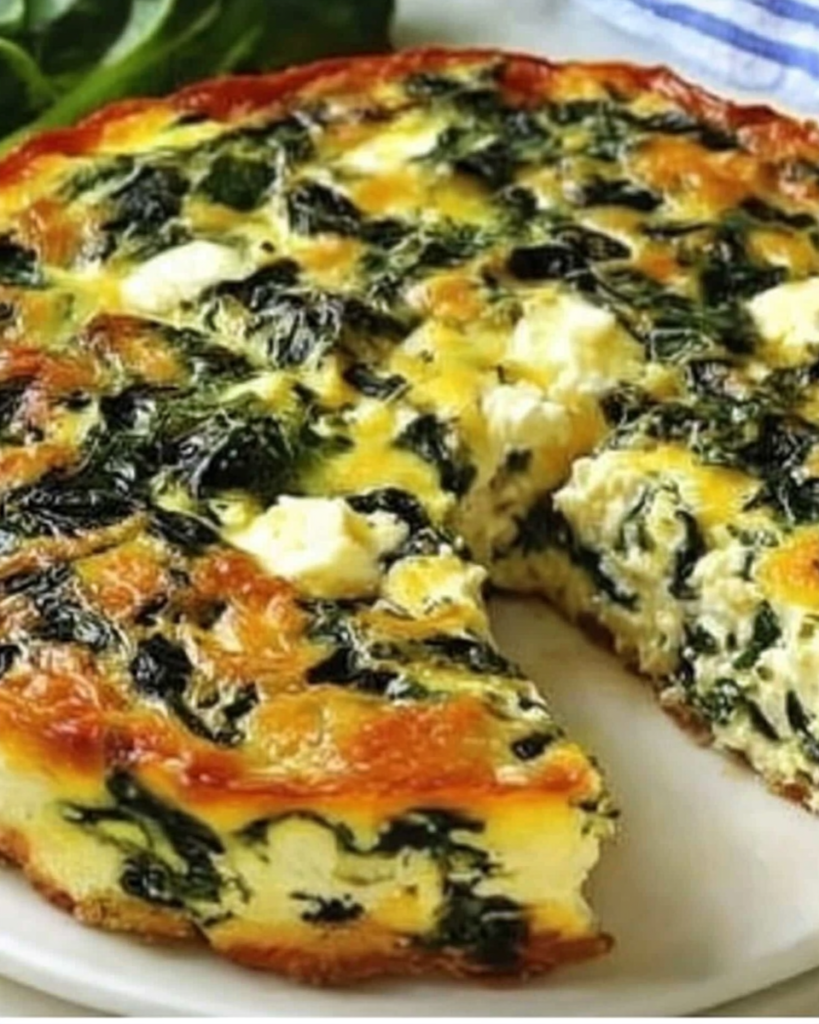 cottage cheese & spinach crustless quiche slice served hot