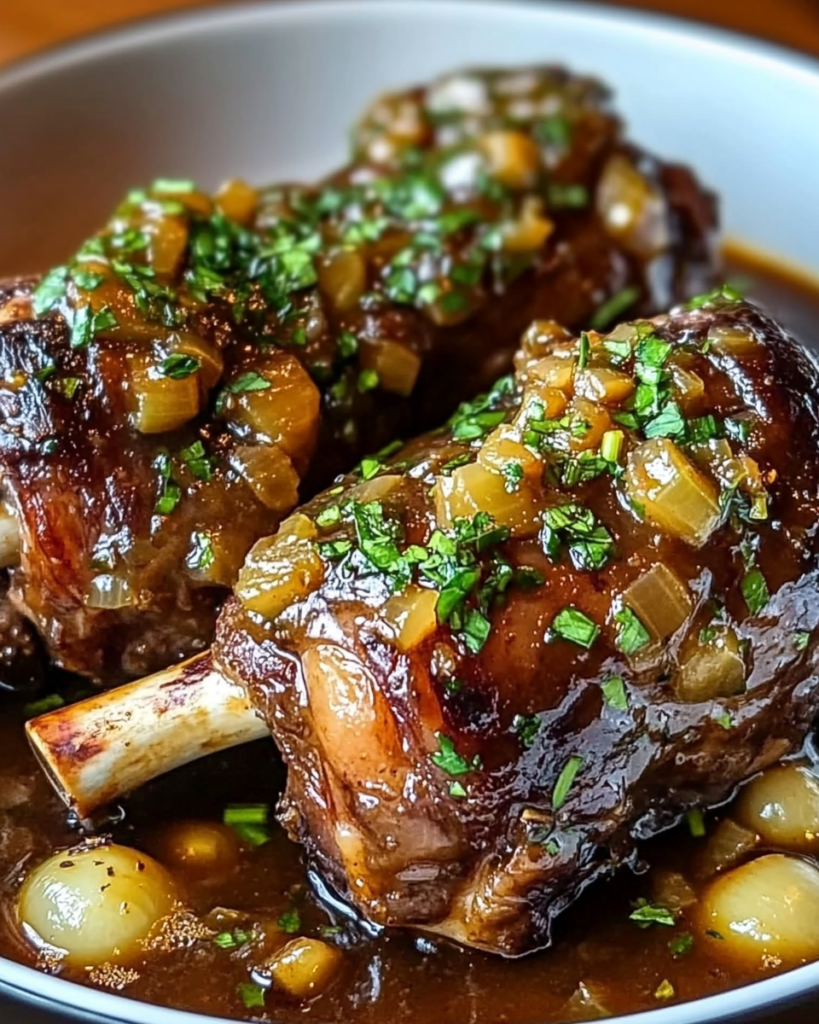 Fall-Off-The-Bone Lamb Shanks in Red Wine Reduction with Garlic and Sweet Onions