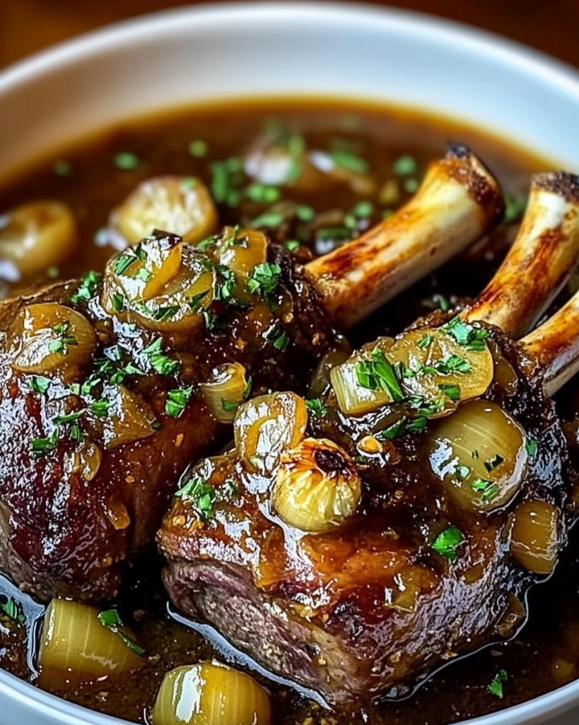 Fall-Off-The-Bone Lamb Shanks in Red Wine Reduction with Garlic and Sweet Onions