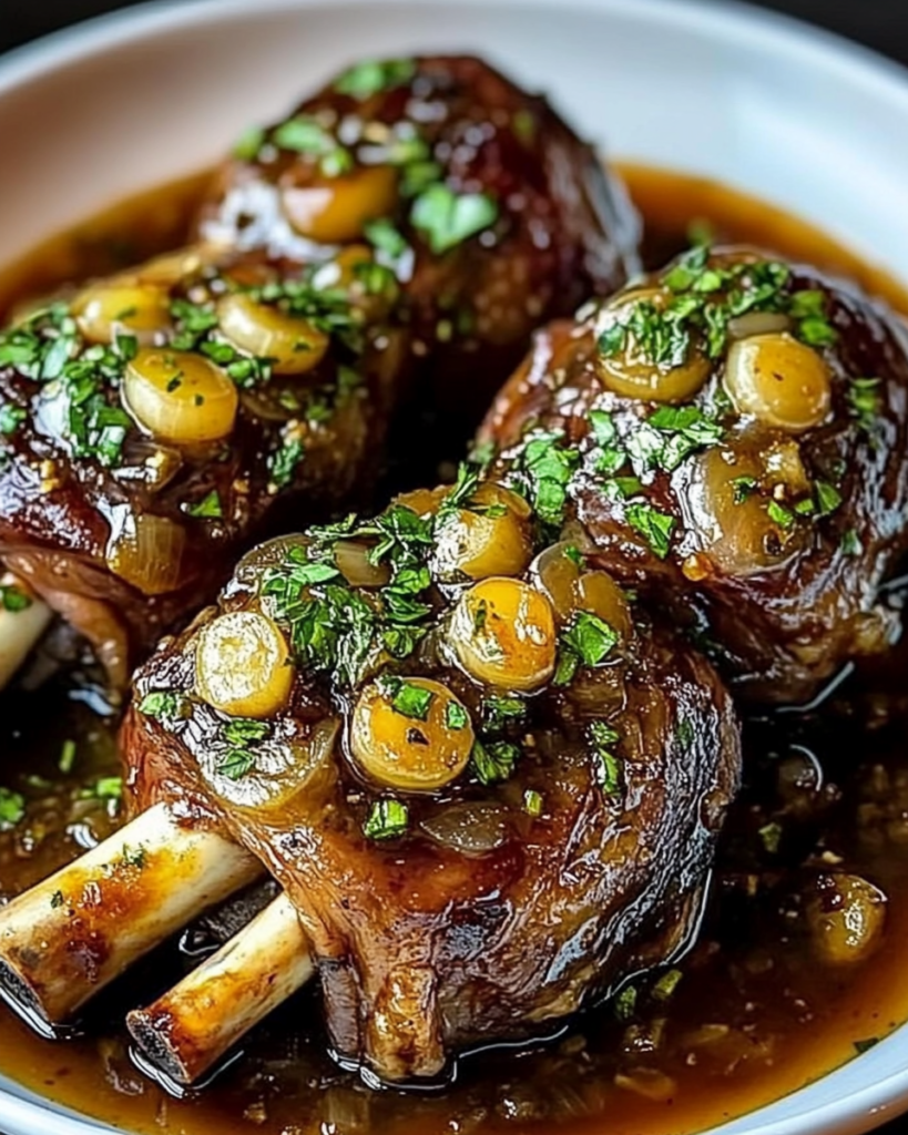 Fall-Off-The-Bone Lamb Shanks in Red Wine Reduction with Garlic and Sweet Onions