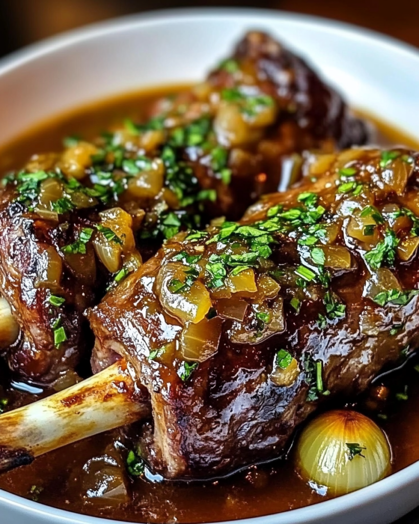 Fall-Off-The-Bone Lamb Shanks in Red Wine Reduction with Garlic and Sweet Onions
