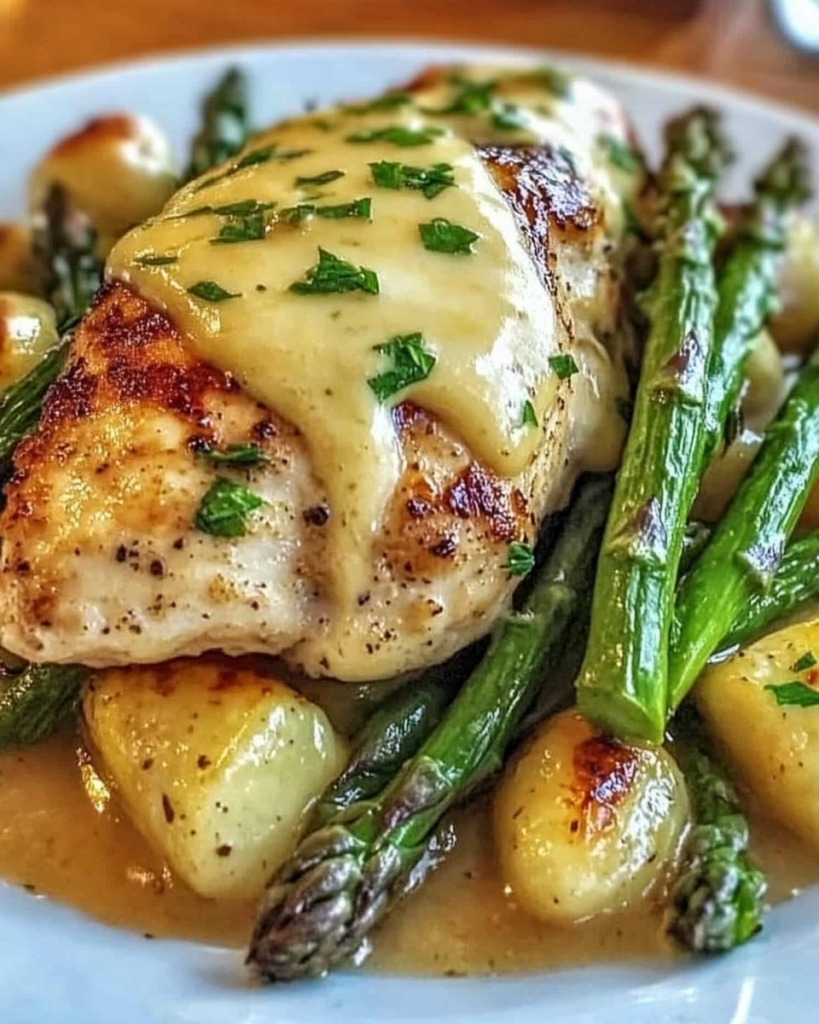 Honey Mustard Chicken with Roasted Asparagus and Cheese served hot