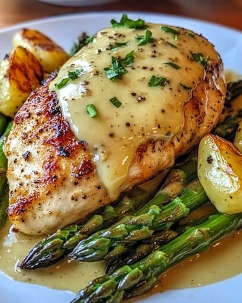 Honey Mustard Chicken with Roasted Asparagus and Cheese served hot
