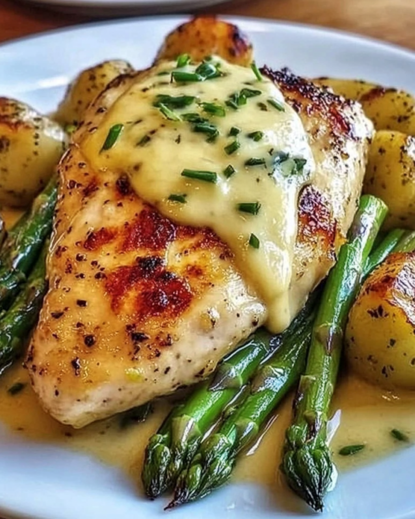 Honey Mustard Chicken with Roasted Asparagus and Cheese served hot