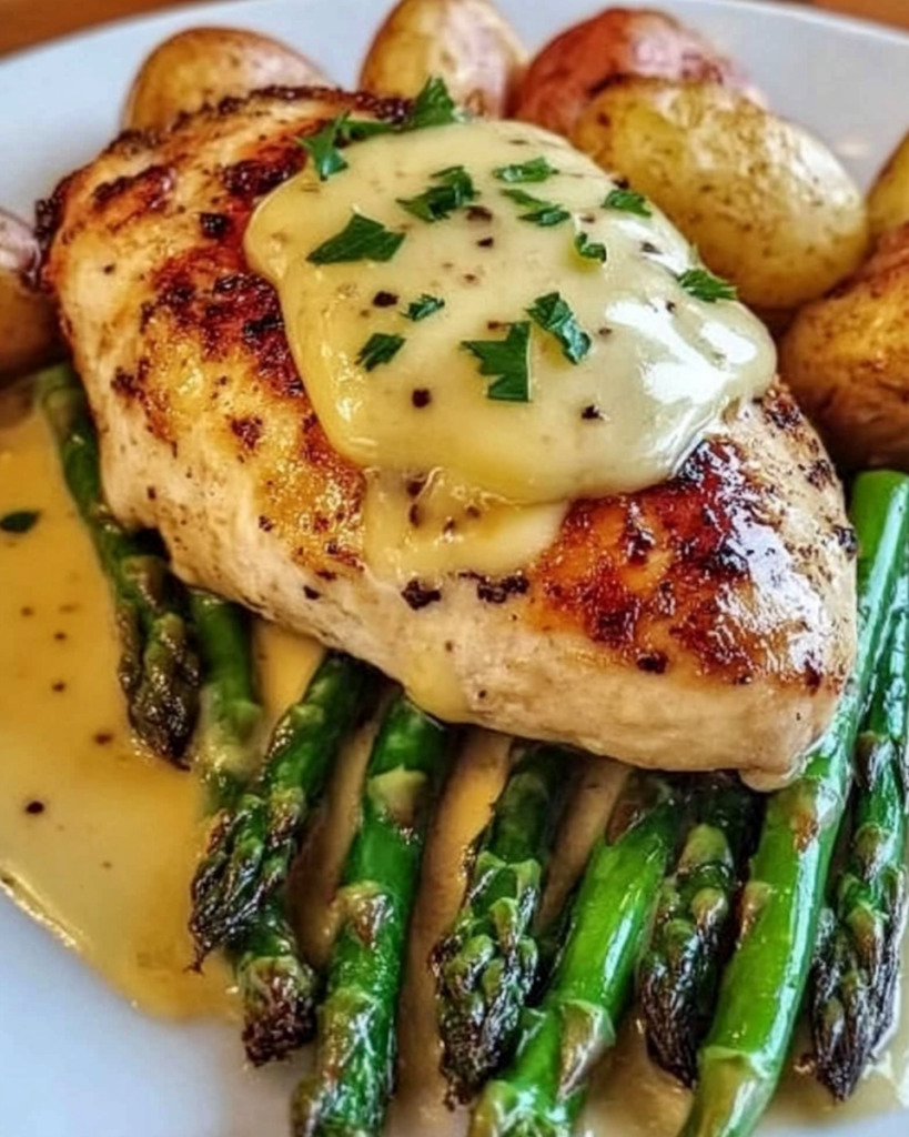 Honey Mustard Chicken with Roasted Asparagus and Cheese served hot