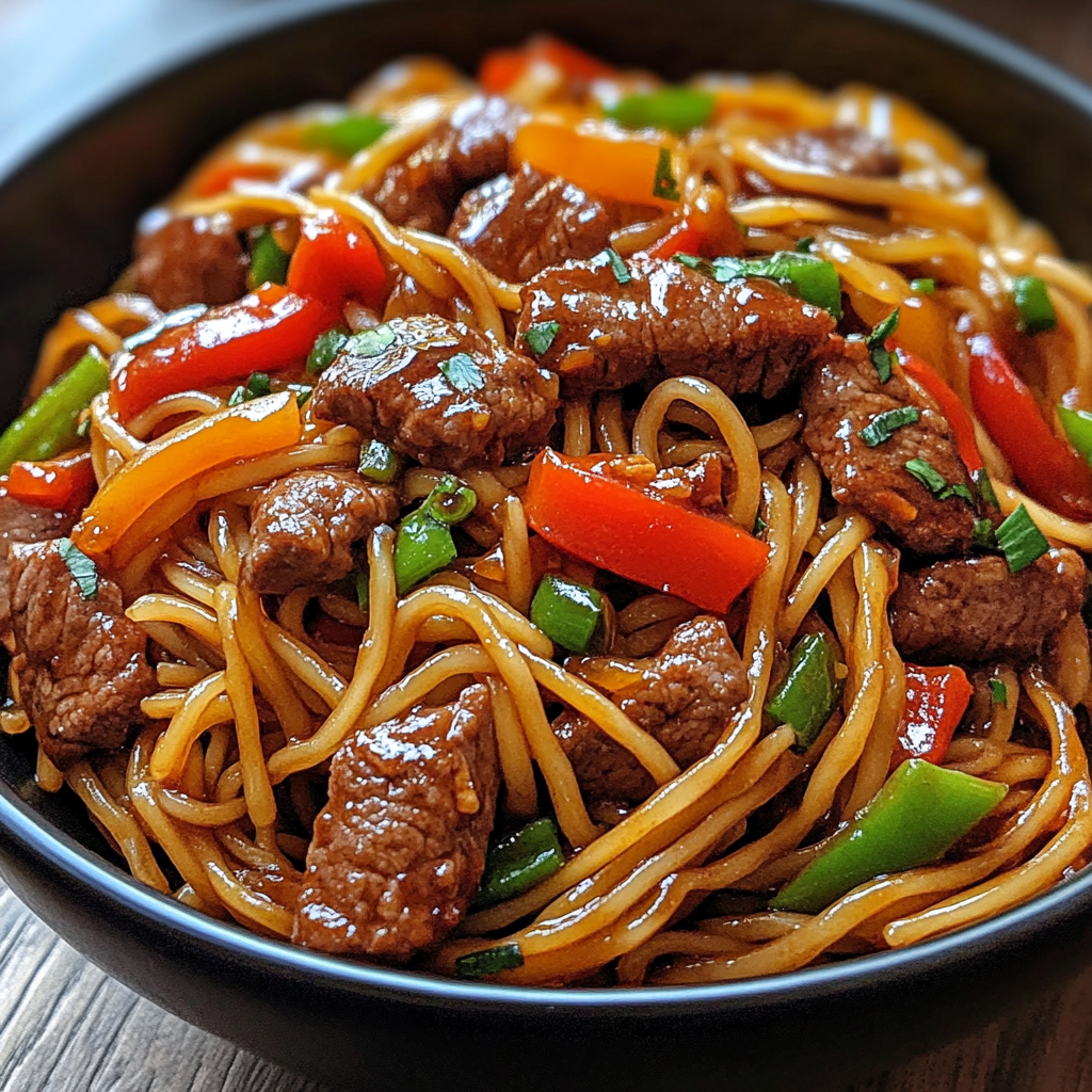 Savory Beef Stir-Fry Tossed with Vegetables & Slurp-Worthy Noodles close-up