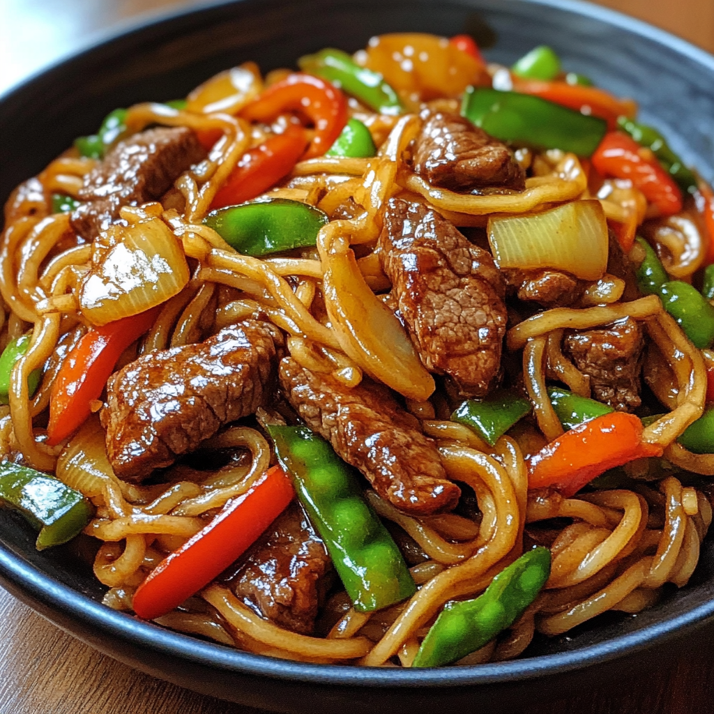 Savory Beef Stir-Fry Tossed with Vegetables & Slurp-Worthy Noodles close-up