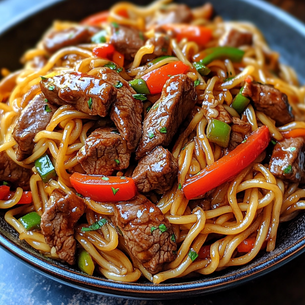 Savory Beef Stir-Fry Tossed with Vegetables & Slurp-Worthy Noodles close-up