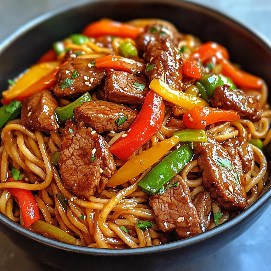 Savory Beef Stir-Fry Tossed with Vegetables & Slurp-Worthy Noodles close-up