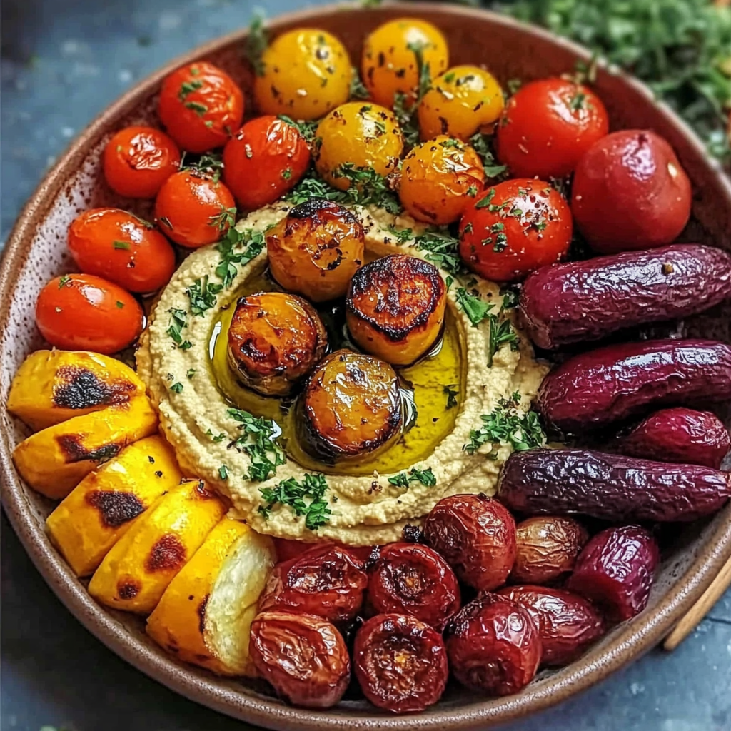 Roasted veggie and hummus bowl with quinoa and colorful toppings