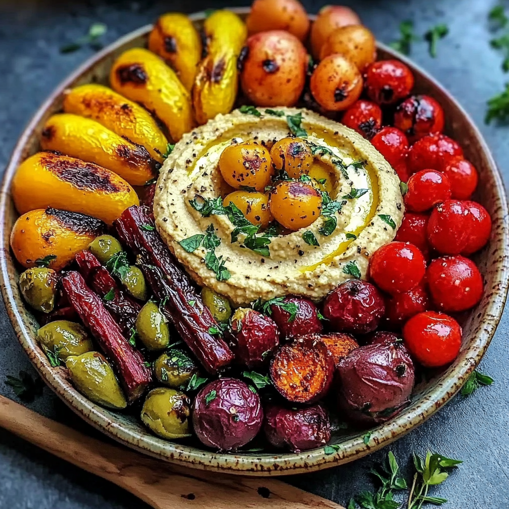 Roasted veggie and hummus bowl with quinoa and colorful toppings