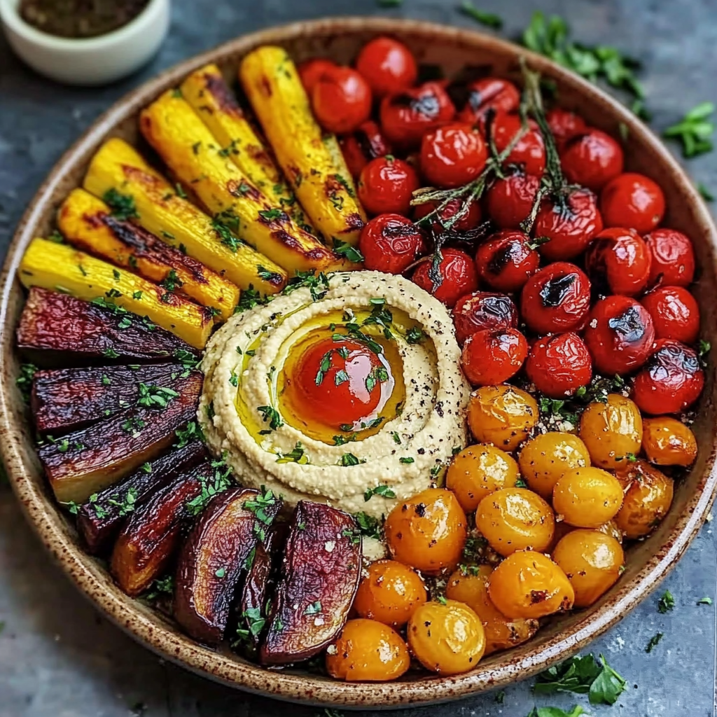 Roasted veggie and hummus bowl with quinoa and colorful toppings