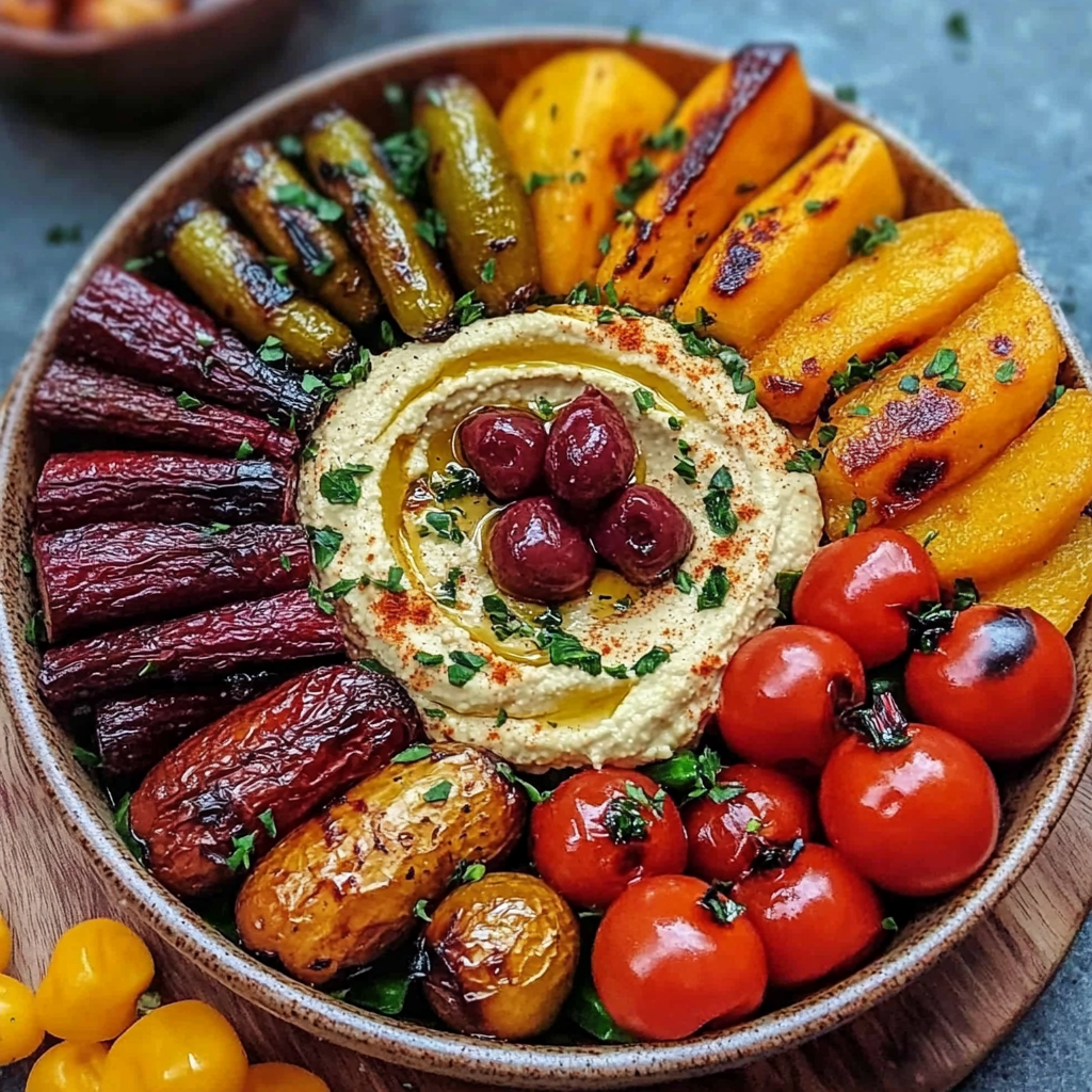 Roasted veggie and hummus bowl with quinoa and colorful toppings