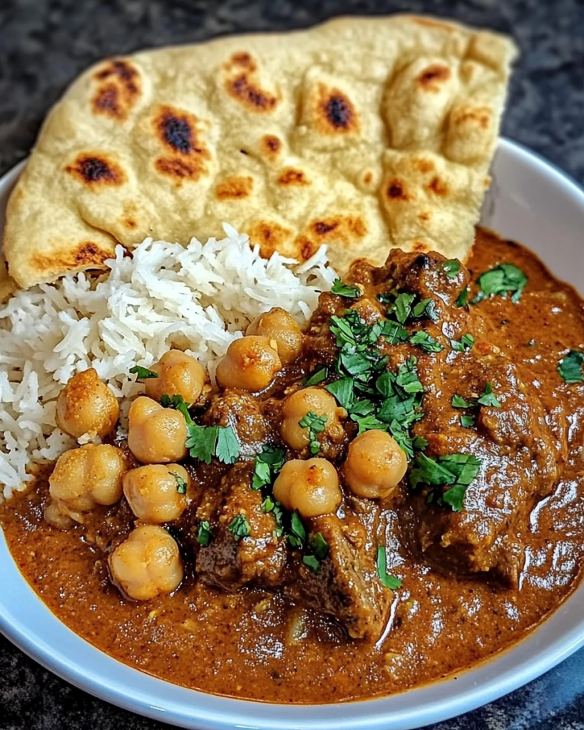 Slow-simmered coconut beef and chickpea curry with fresh cilantro
