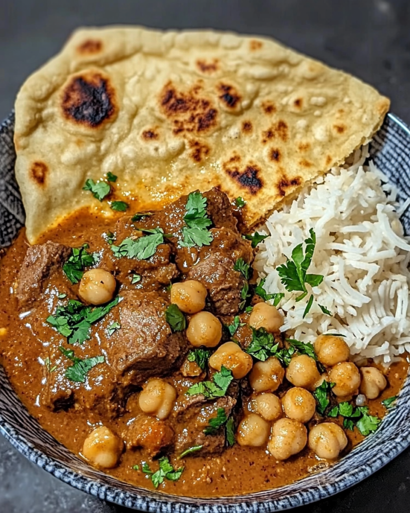 Slow-simmered coconut beef and chickpea curry with fresh cilantro