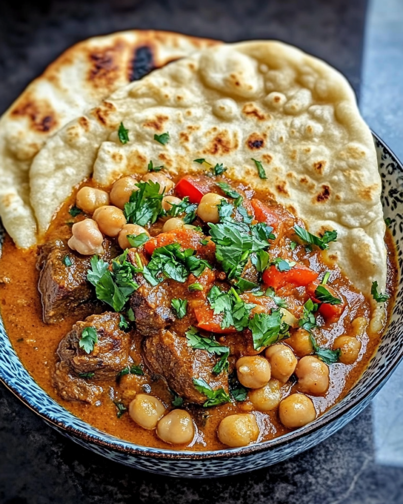 Slow-simmered coconut beef and chickpea curry with fresh cilantro