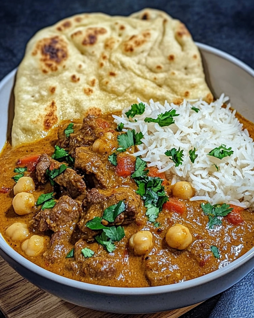 Slow-simmered coconut beef and chickpea curry with fresh cilantro