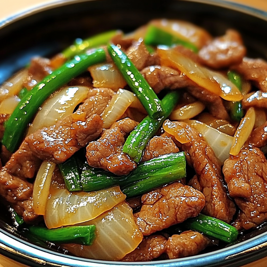 savory soy-ginger beef with caramelized onions served over rice