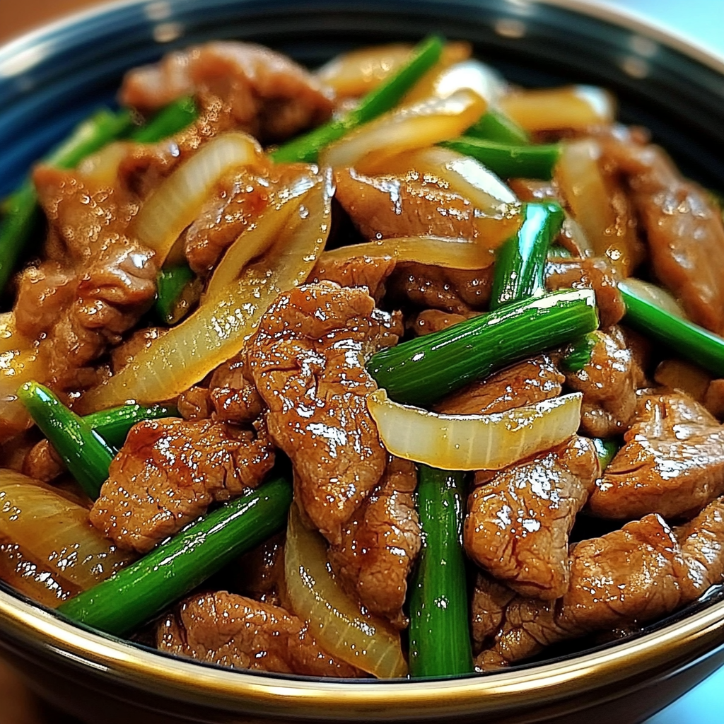 savory soy-ginger beef with caramelized onions served over rice