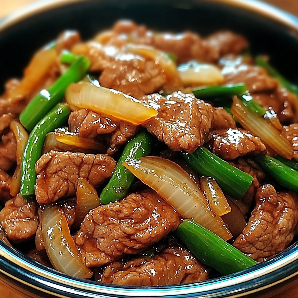 savory soy-ginger beef with caramelized onions served over rice