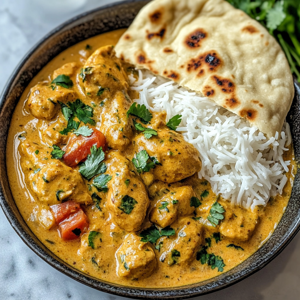 Velvety chicken curry in coconut cream with naan