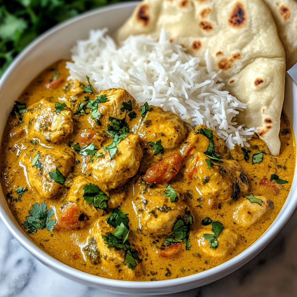 Velvety chicken curry in coconut cream with naan