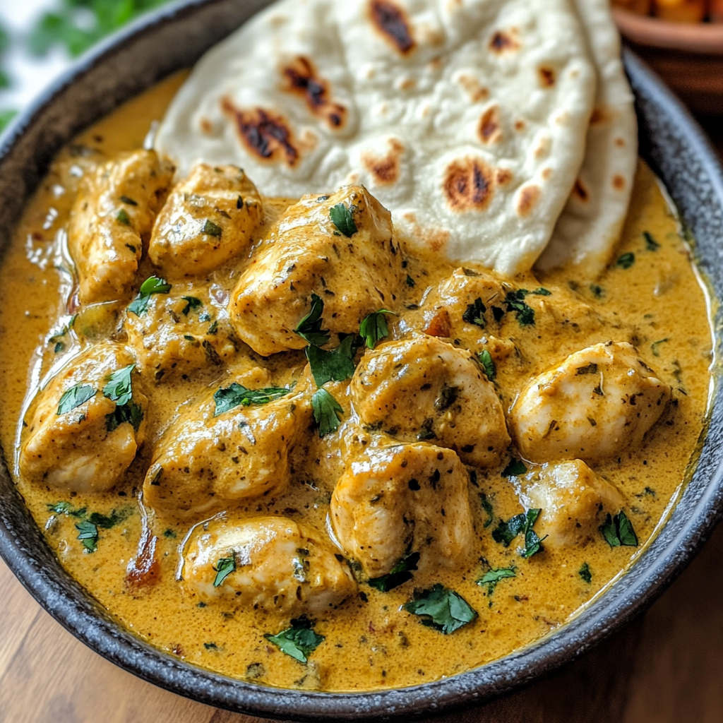 Velvety chicken curry in coconut cream with naan
