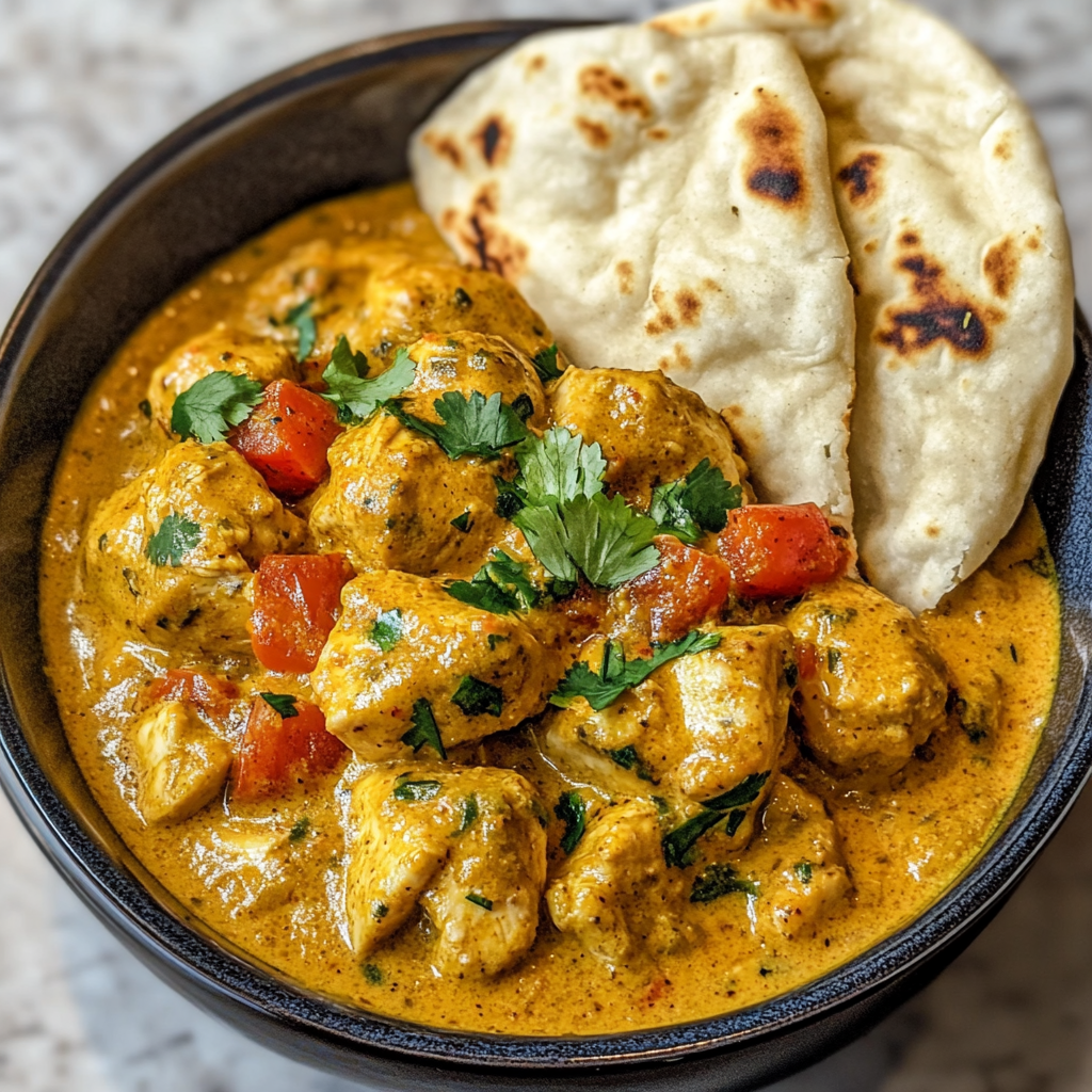Velvety chicken curry in coconut cream with naan