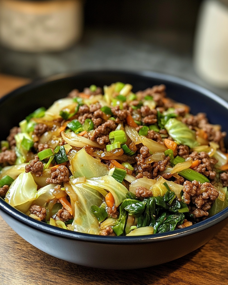 Savory ground beef and cabbage stir-fry with Asian flavors