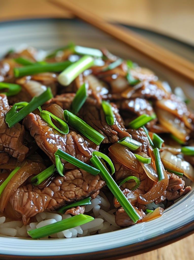 Savory beef stir-fry with sweet onions and aromatic sauce close-up