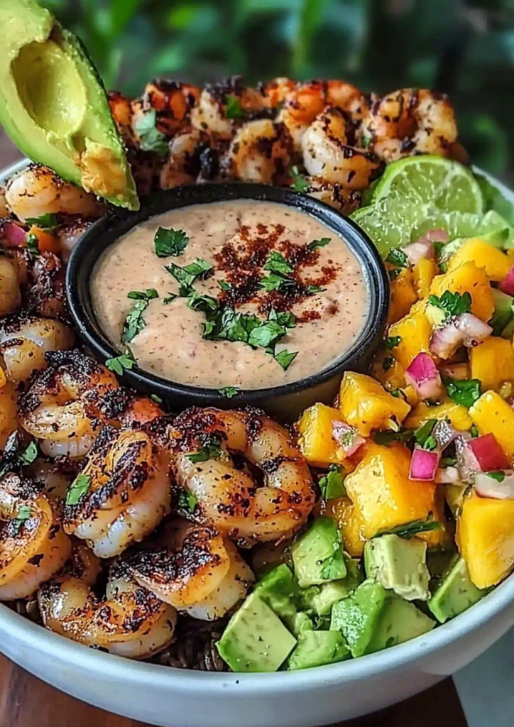 Shrimp and Avocado Bowls with Mango Salsa & Lime-Chili Sauce