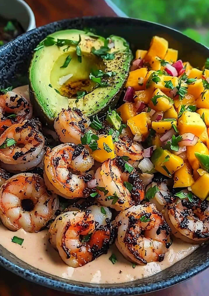 Shrimp and Avocado Bowls with Mango Salsa & Lime-Chili Sauce