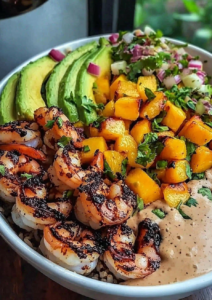 Shrimp and Avocado Bowls with Mango Salsa & Lime-Chili Sauce