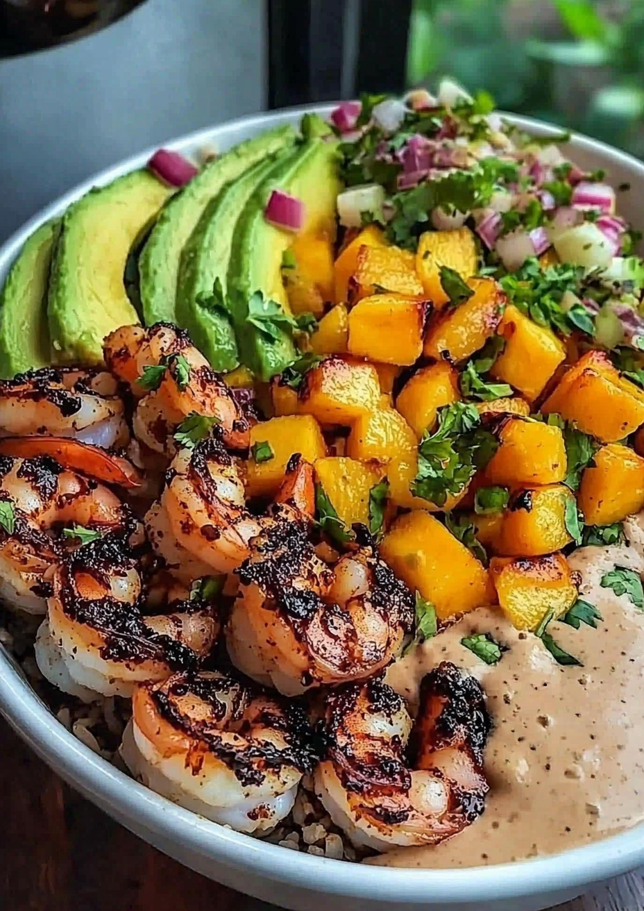 Shrimp and Avocado Bowls with Mango Salsa & Lime-Chili Sauce