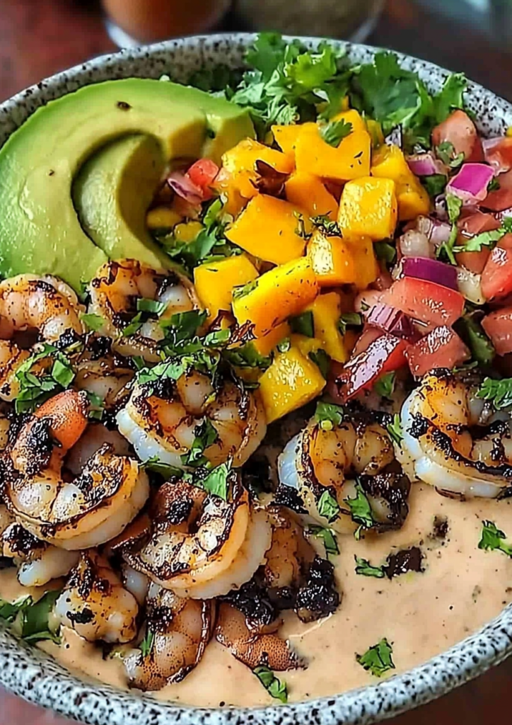 Shrimp and Avocado Bowls with Mango Salsa & Lime-Chili Sauce