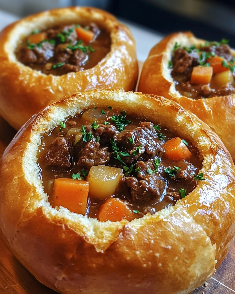 Savory beef stew in a crusty bread bowl on a rustic wooden table