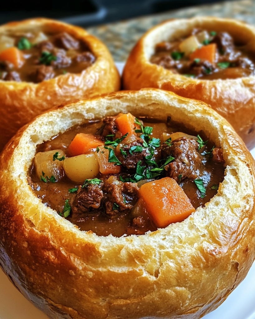 Savory beef stew in a crusty bread bowl on a rustic wooden table