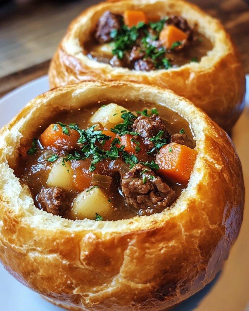 Savory beef stew in a crusty bread bowl on a rustic wooden table