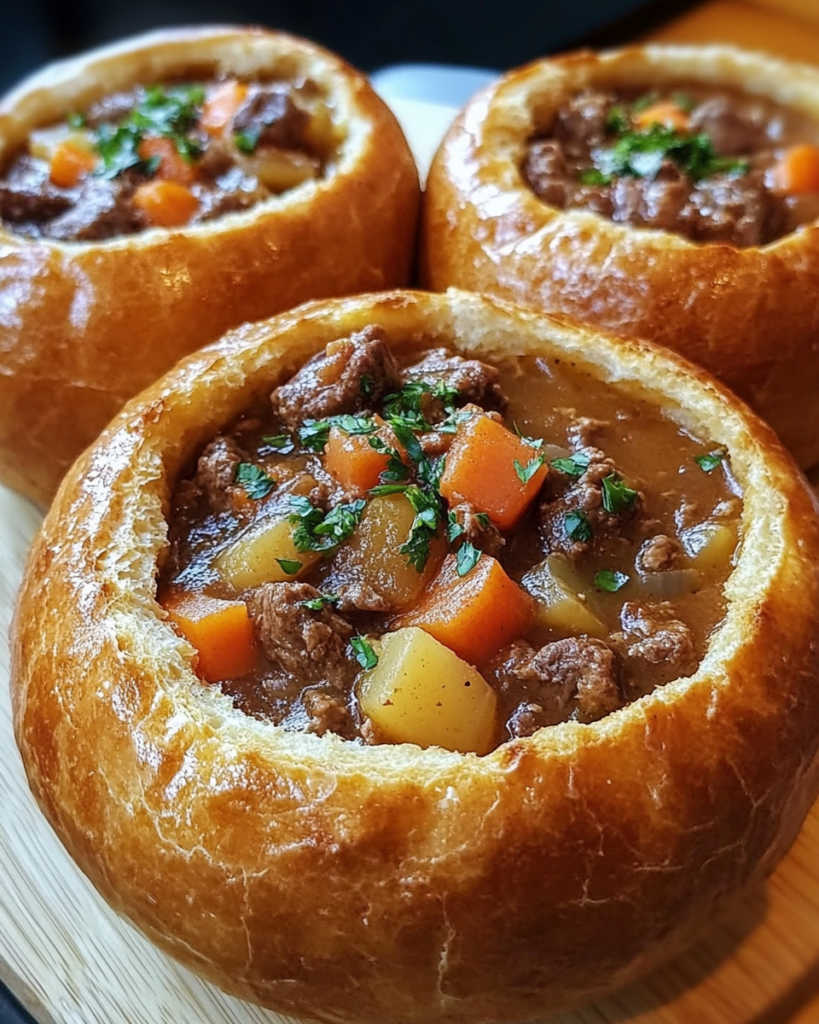 Savory beef stew in a crusty bread bowl on a rustic wooden table