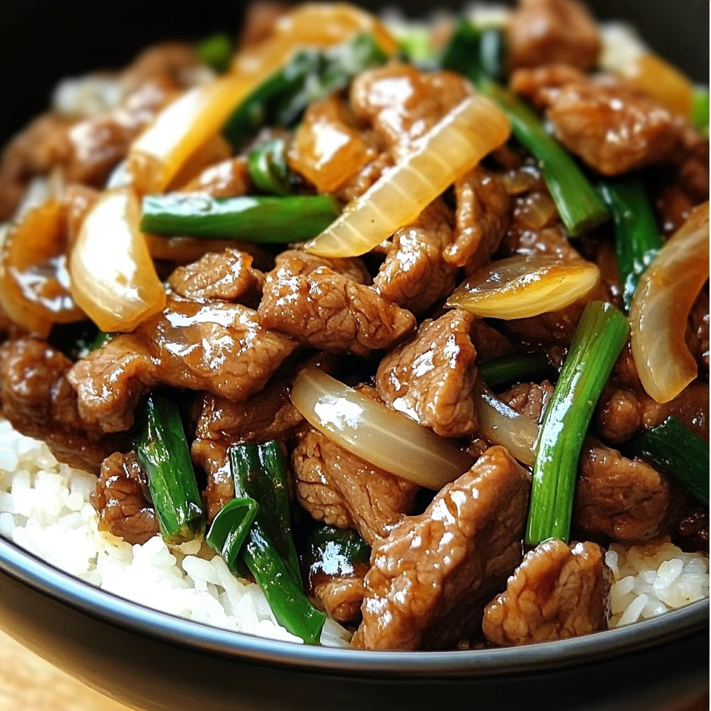 Takeout-style Chinese beef and sweet onion stir-fry with rice