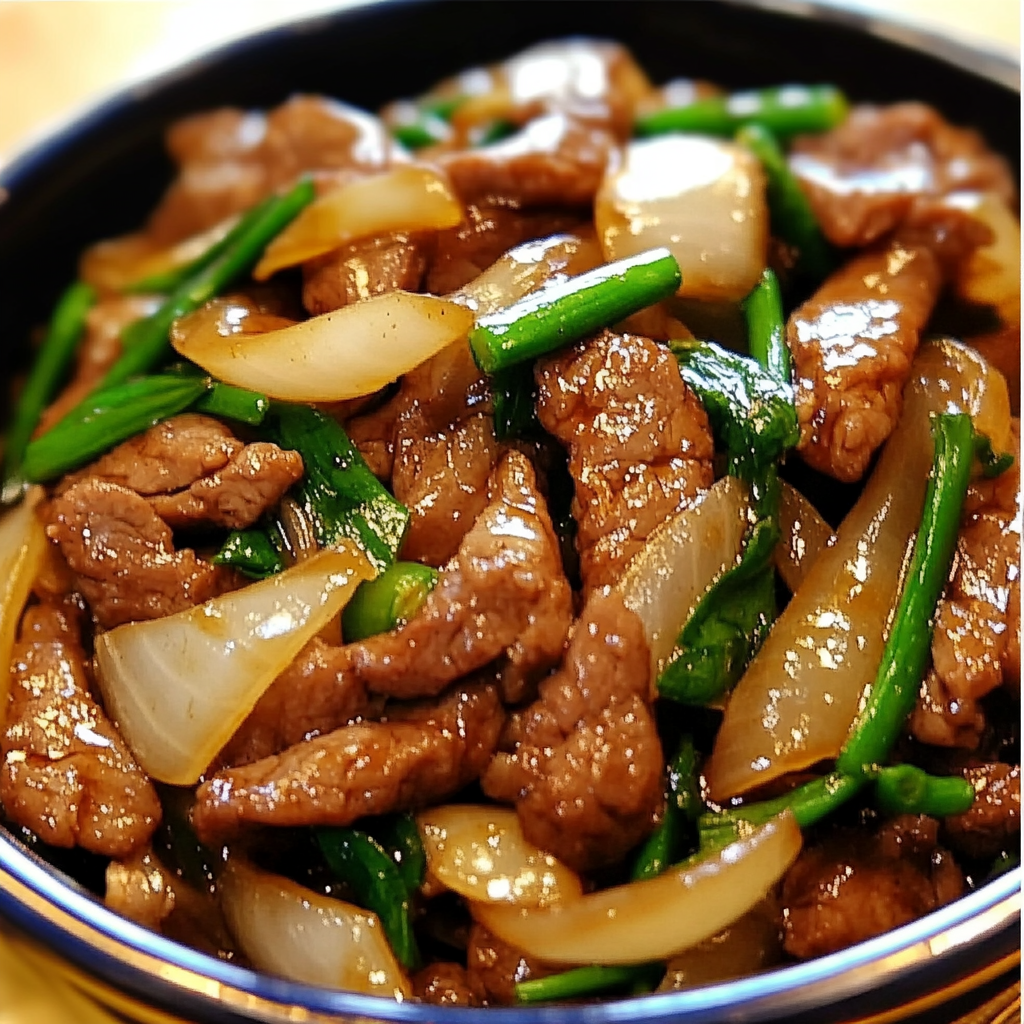 Takeout-style Chinese beef and sweet onion stir-fry with rice