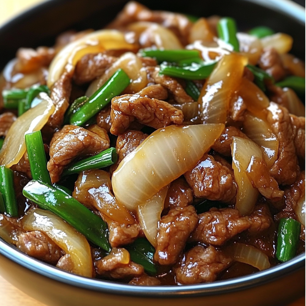 Takeout-style Chinese beef and sweet onion stir-fry with rice