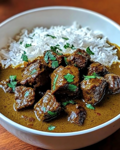 Velvety coconut beef curry with fluffy rice and Pol Sambol