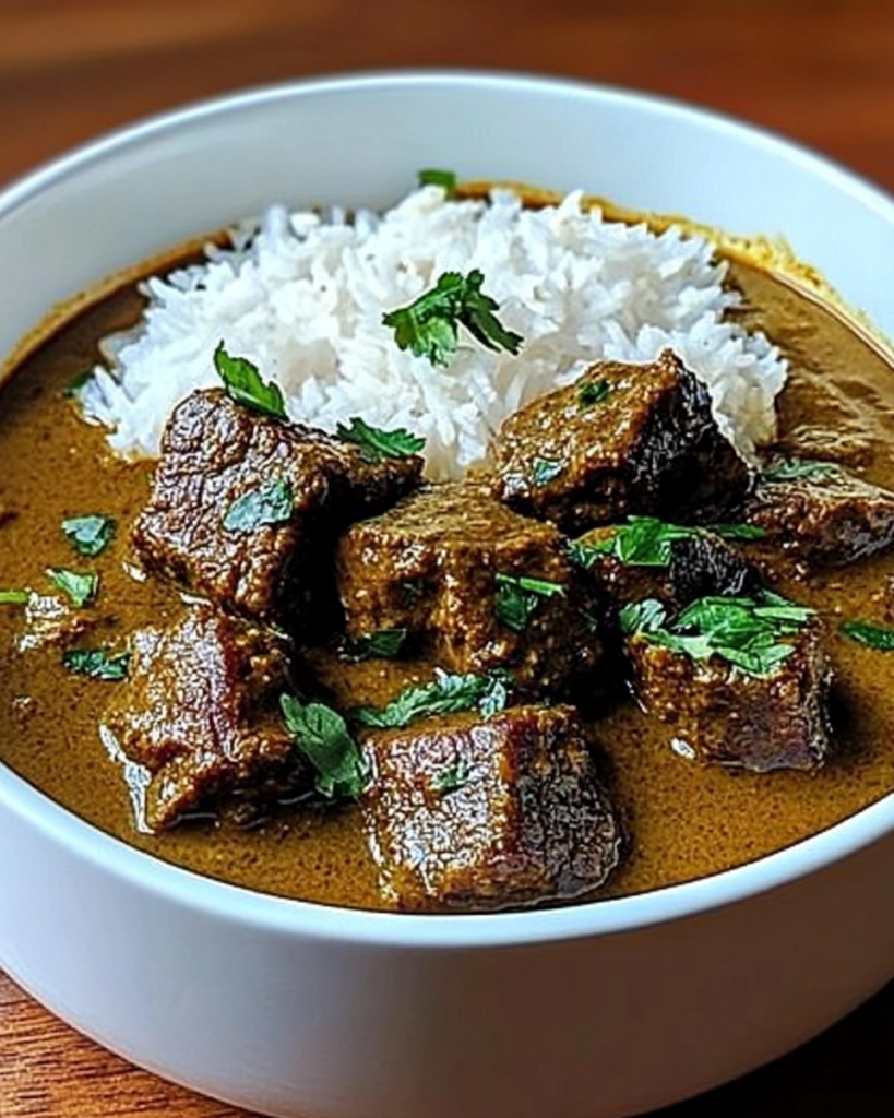 Velvety coconut beef curry with fluffy rice and Pol Sambol
