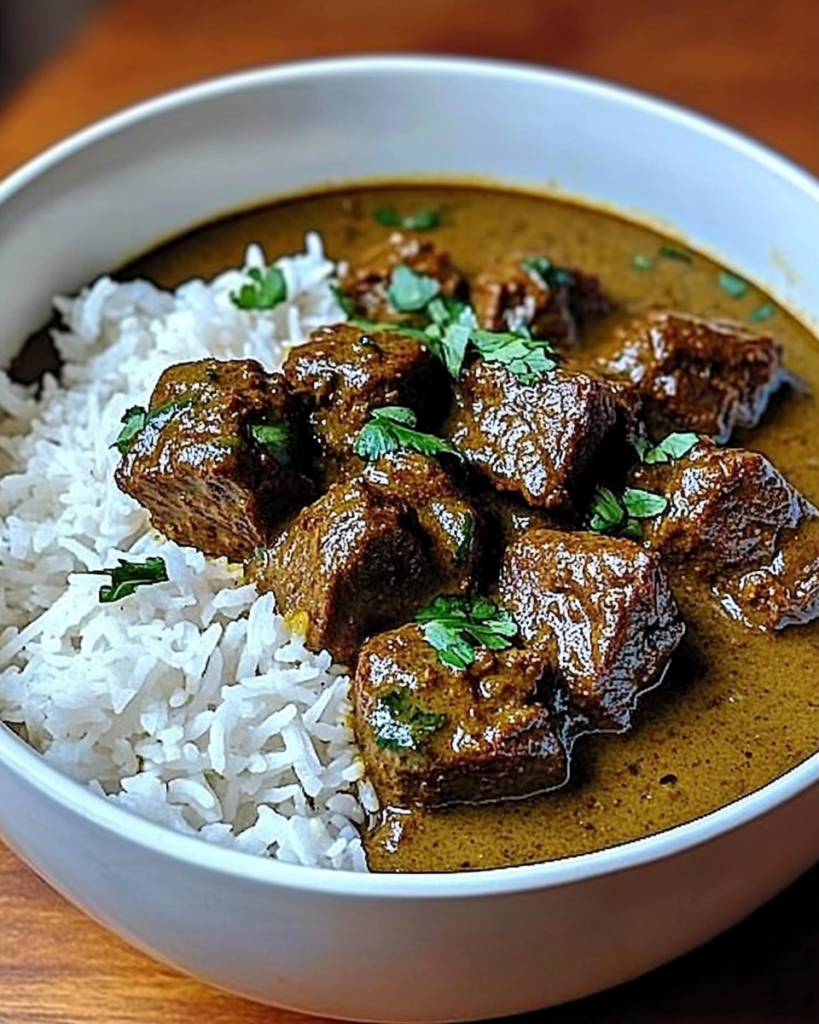 Velvety coconut beef curry with fluffy rice and Pol Sambol