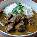 Velvety coconut beef curry with fluffy rice and Pol Sambol
