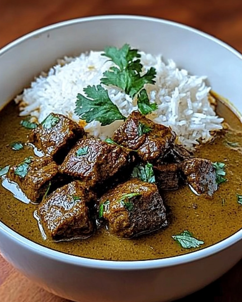 Velvety coconut beef curry with fluffy rice and Pol Sambol