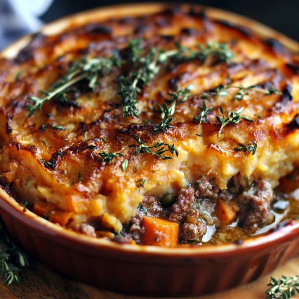 Savory Ground Lamb Shepherd’s Pie with Creamy Sweet Potato Mash served hot